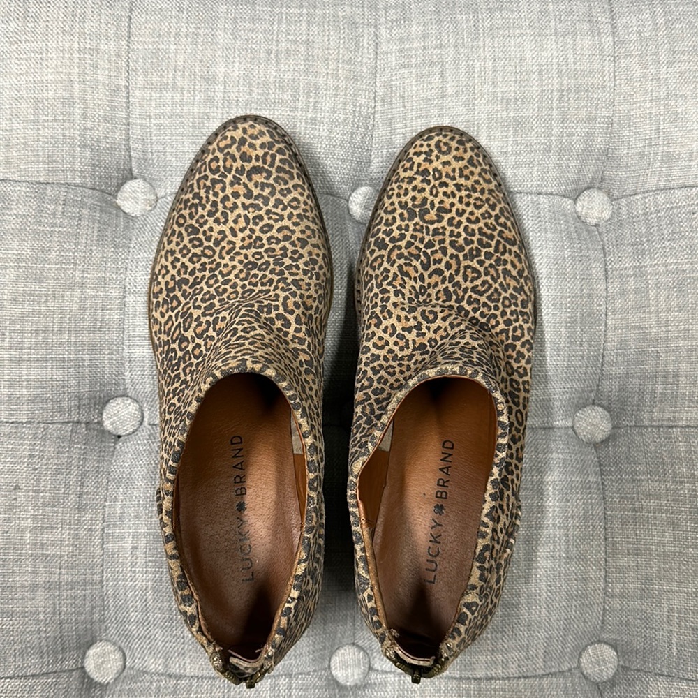 Lucky Brand Booties, bare worn, leopard pattern
